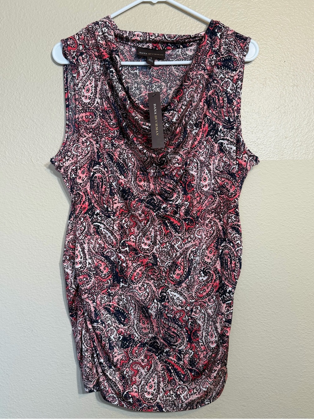 Dana Buchman Sz LARGE Pink Blue Paisley Top Tunic Tank Knit Draped Ruching New